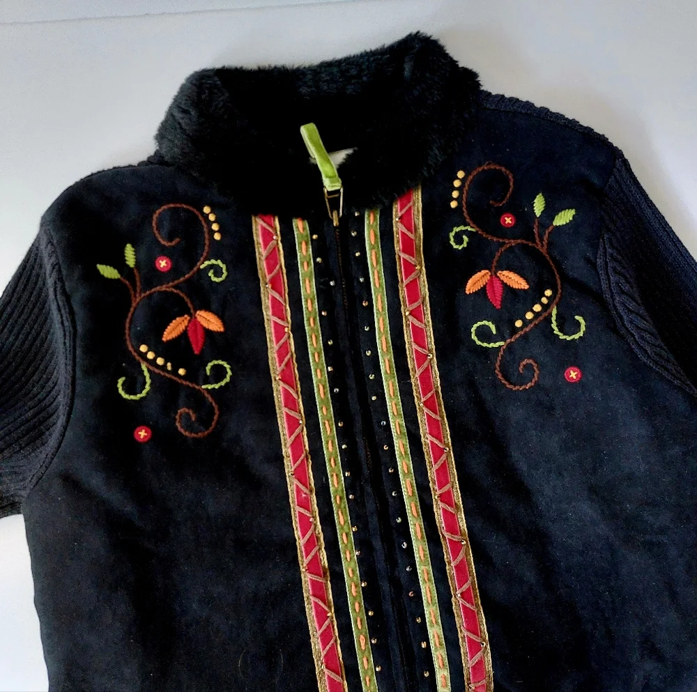 Autumn Vine Leaf Faux Suede Sweater Zip Jacket Petite Medium Breckenridge‎